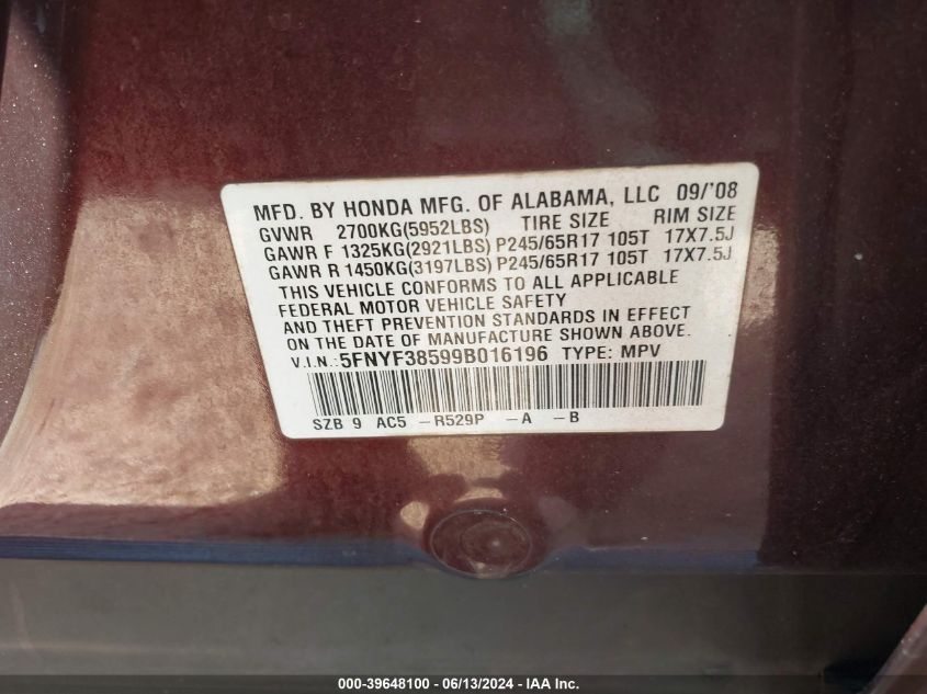 2009 Honda Pilot Ex-L VIN: 5FNYF38599B016196 Lot: 39648100
