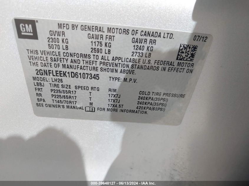 2013 Chevrolet Equinox 1Lt VIN: 2GNFLEEK1D6107345 Lot: 39648127