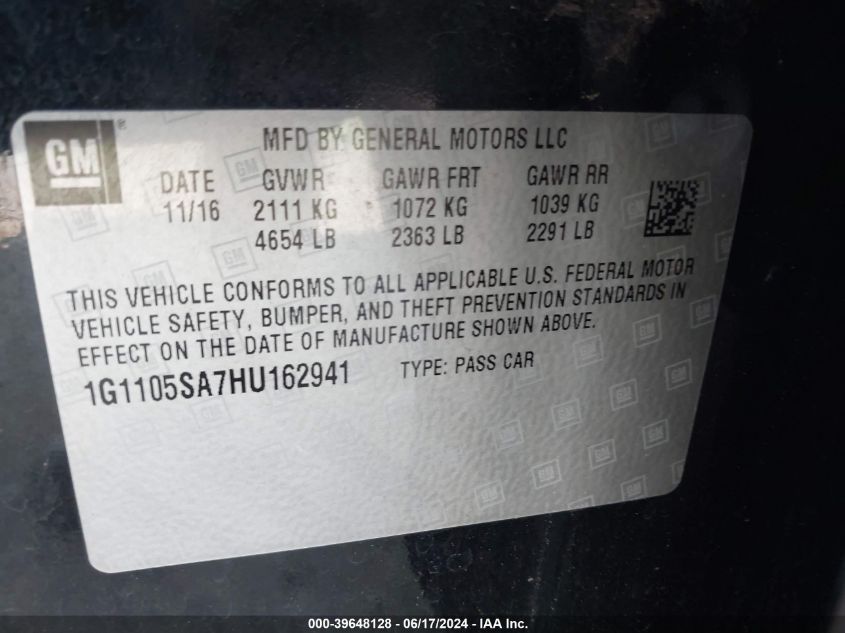 2017 Chevrolet Impala 1Lt VIN: 1G1105SA7HU162941 Lot: 39648128