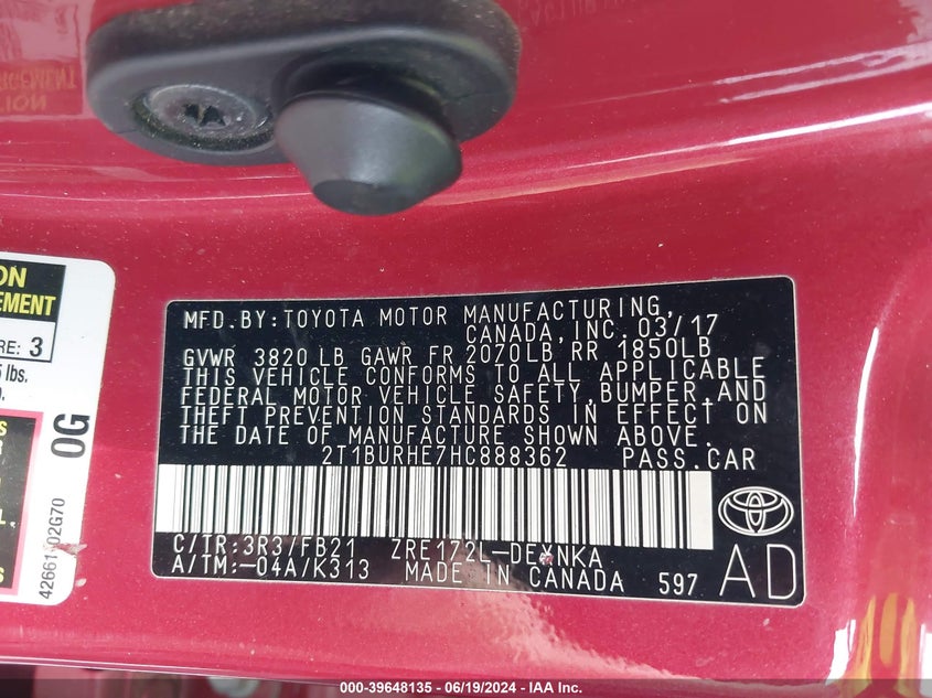 2017 Toyota Corolla Le VIN: 2T1BURHE7HC888362 Lot: 39648135