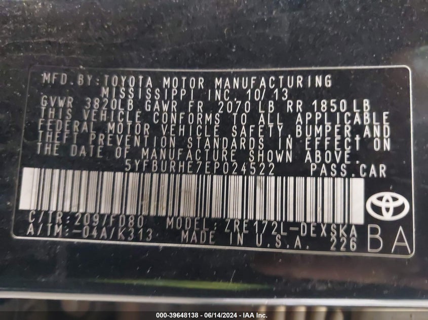 2014 Toyota Corolla S Plus VIN: 5YFBURHE7EP024522 Lot: 39648138