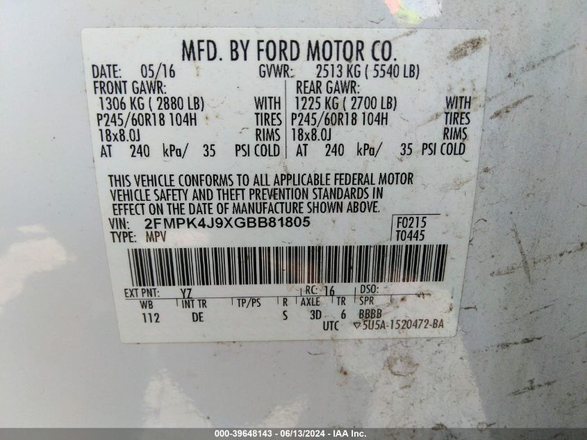 2016 Ford Edge Sel VIN: 2FMPK4J9XGBB81805 Lot: 39648143