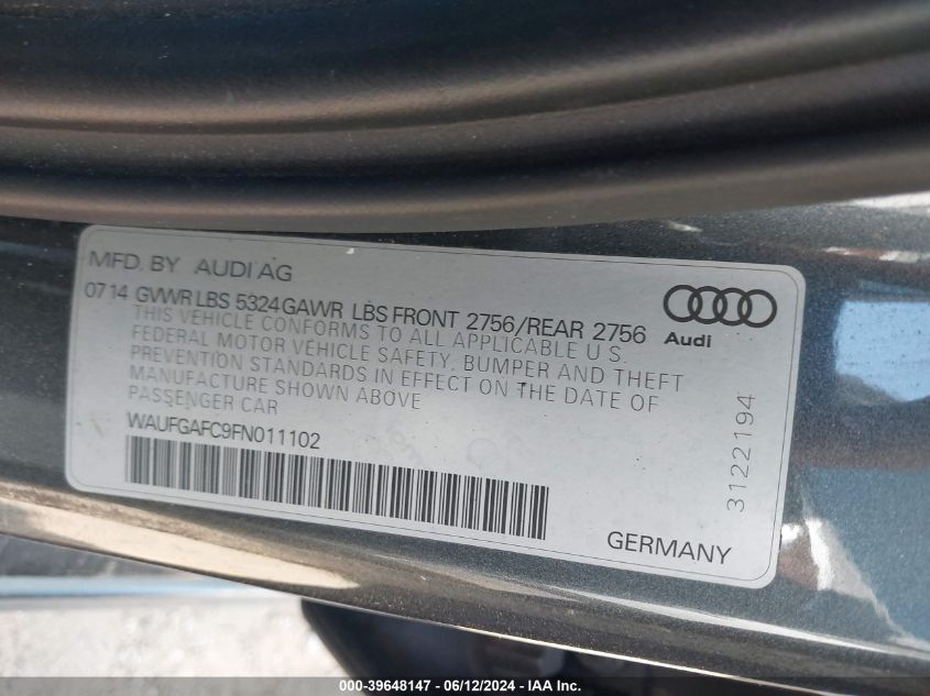 2015 Audi A6 3.0T Premium Plus VIN: WAUFGAFC9FN011102 Lot: 39648147