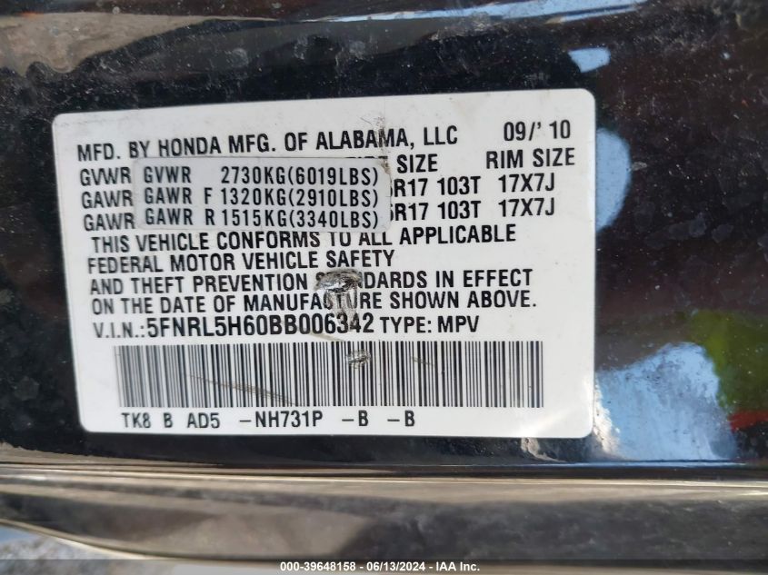 2011 Honda Odyssey Ex-L VIN: 5FNRL5H60BB006342 Lot: 39648158