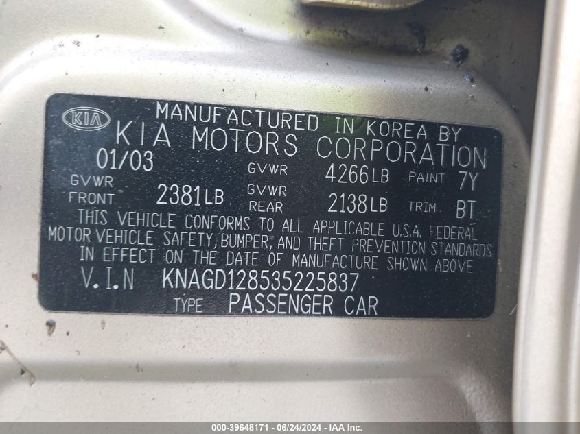 2003 Kia Optima Lx V6/Se V6 VIN: KNAGD128535225837 Lot: 39648171