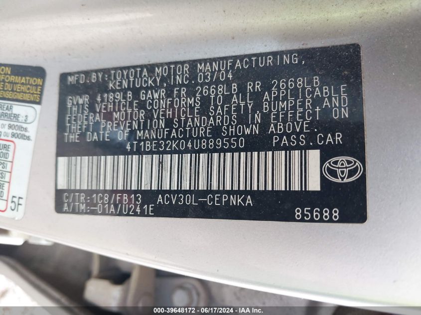 2004 Toyota Camry Le VIN: 4T1BE32K04U889550 Lot: 39648172