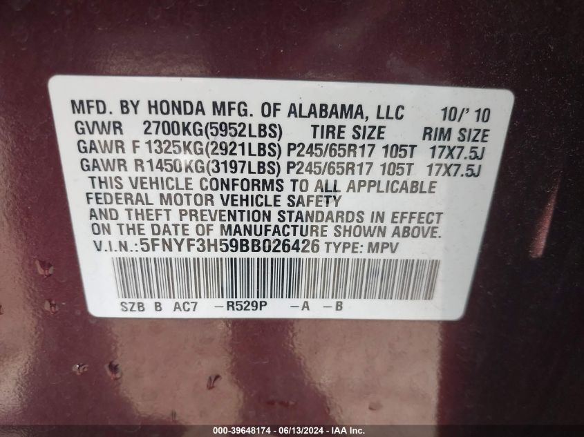 2011 Honda Pilot Ex-L VIN: 5FNYF3H59BB026426 Lot: 39648174