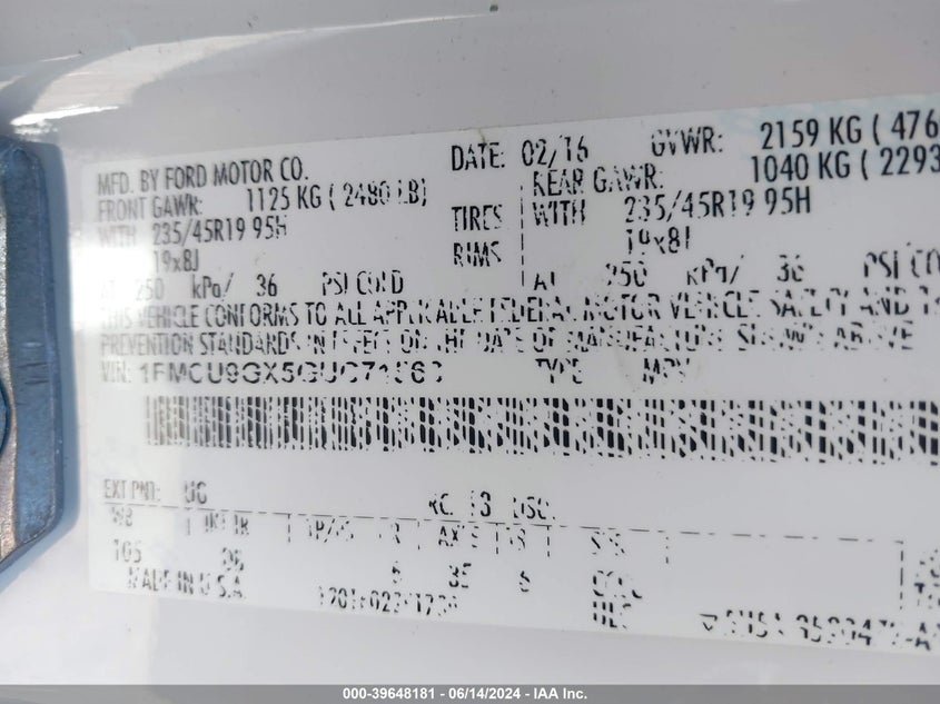 2016 Ford Escape Se VIN: 1FMCU9GX5GUC71563 Lot: 39648181