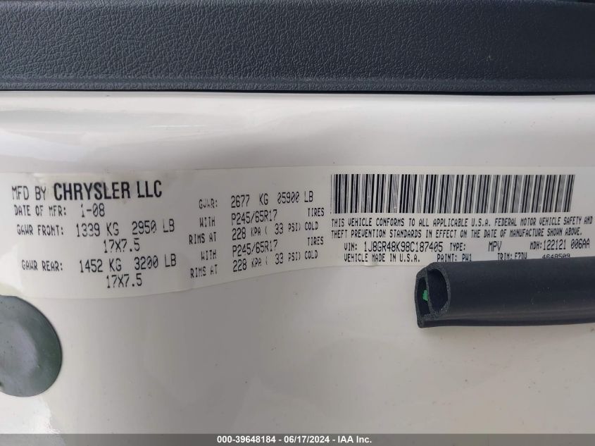 2008 Jeep Grand Cherokee Laredo VIN: 1J8GR48K98C187405 Lot: 39648184