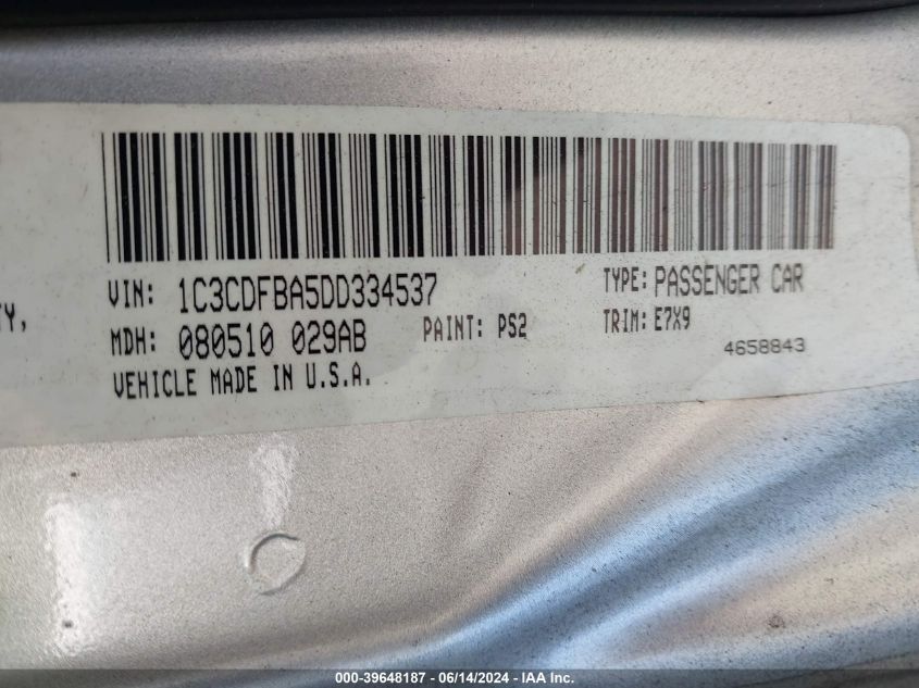 2013 Dodge Dart Sxt VIN: 1C3CDFBA5DD334537 Lot: 39648187