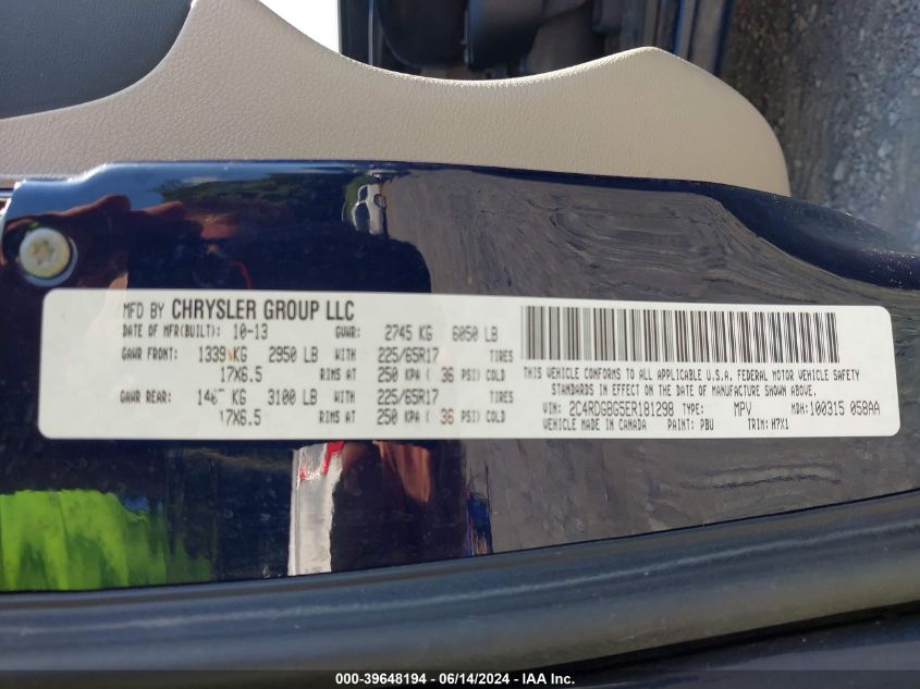 2014 Dodge Grand Caravan Se VIN: 2C4RDGBG5ER181298 Lot: 39648194