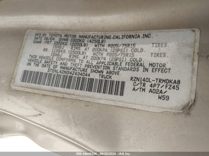 2004 Toyota Tacoma VIN: 5TENL42N34Z434044 Lot: 39648206
