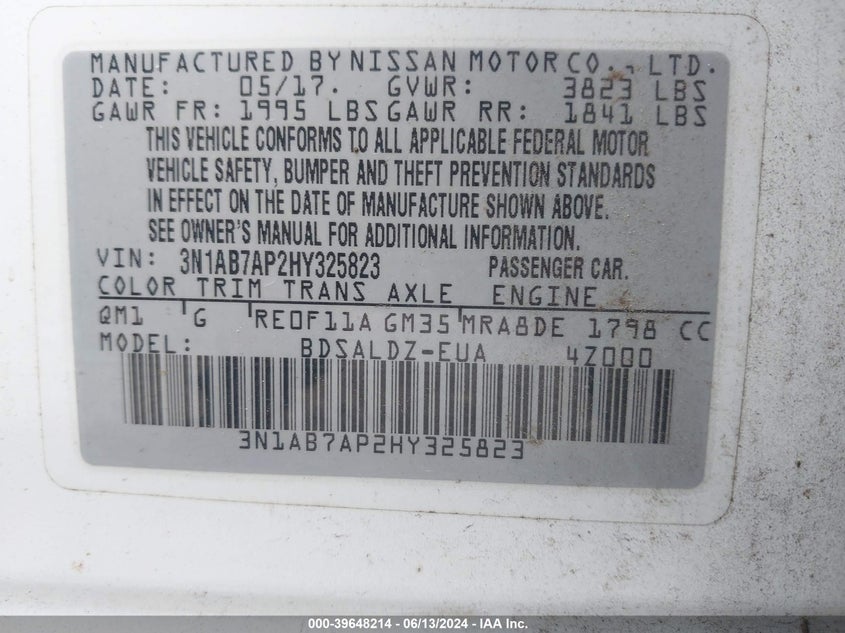 2017 Nissan Sentra Sv VIN: 3N1AB7AP2HY325823 Lot: 39648214