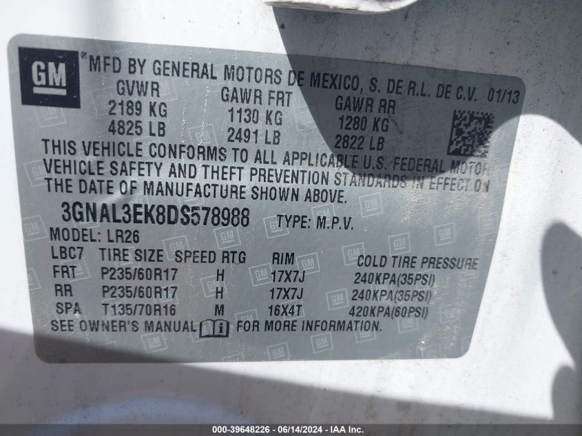 2013 Chevrolet Captiva Sport Lt VIN: 3GNAL3EK8DS578988 Lot: 39648226