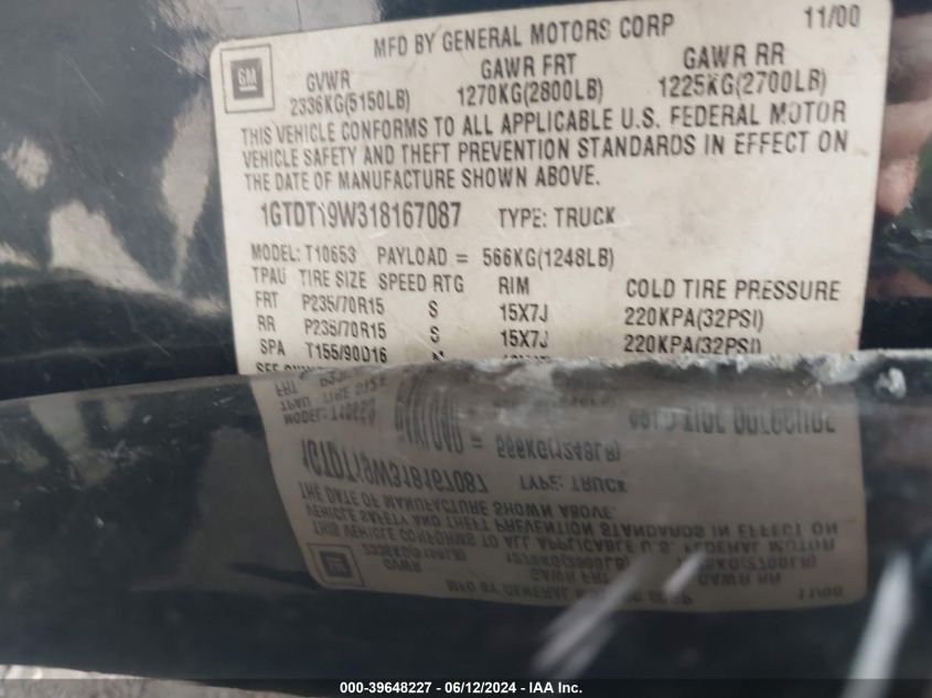 2001 GMC Sonoma Sls VIN: 1GTDT19W318167087 Lot: 39648227