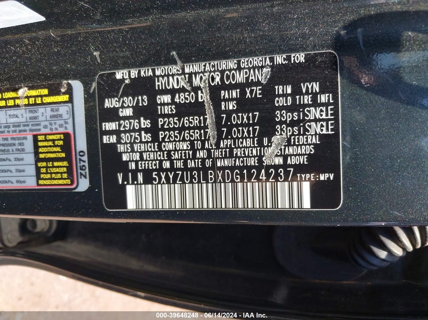 2013 Hyundai Santa Fe Sport VIN: 5XYZU3LBXDG124237 Lot: 39648248