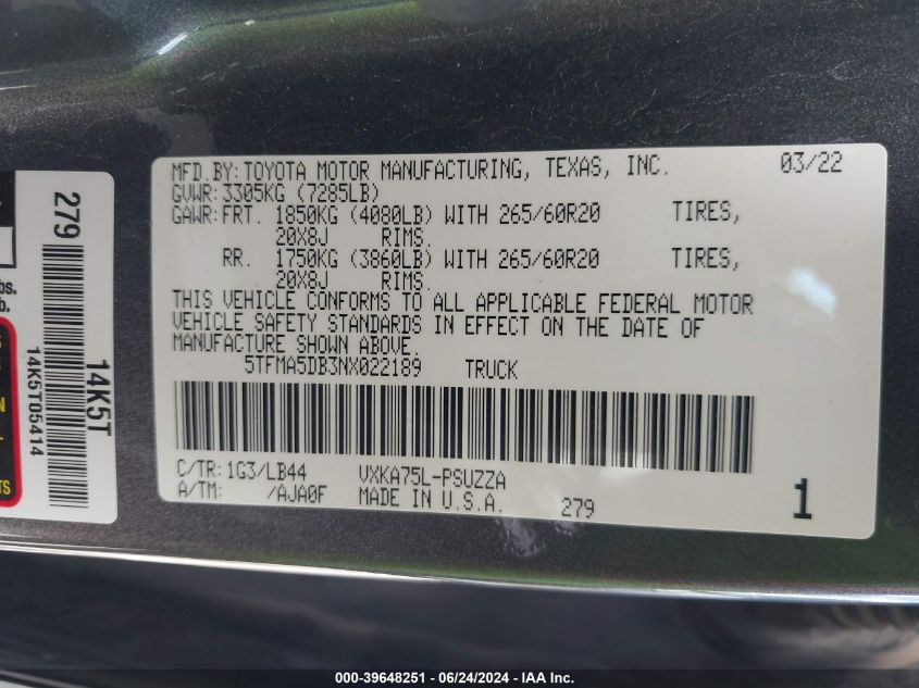 2022 Toyota Tundra 1794 Edition VIN: 5TFMA5DB3NX022189 Lot: 39648251