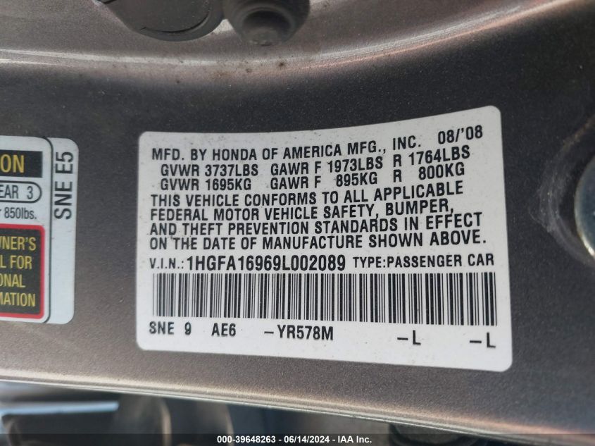 2009 Honda Civic Ex-L VIN: 1HGFA16969L002089 Lot: 39648263