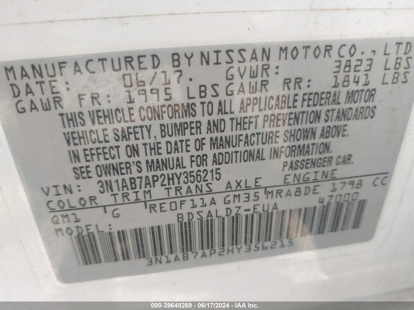 2017 Nissan Sentra Sv VIN: 3N1AB7AP2HY356215 Lot: 39648269