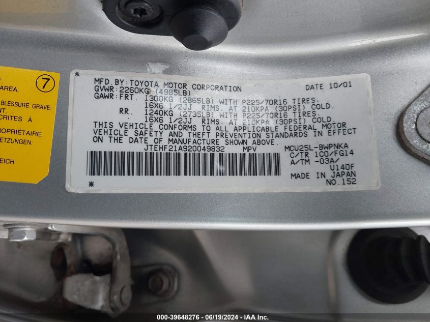 2002 Toyota Highlander Limited VIN: JTEHF21A920049832 Lot: 39648276