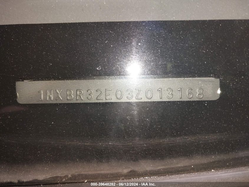 2003 Toyota Corolla Le VIN: 1NXBR32E03Z013168 Lot: 39648282