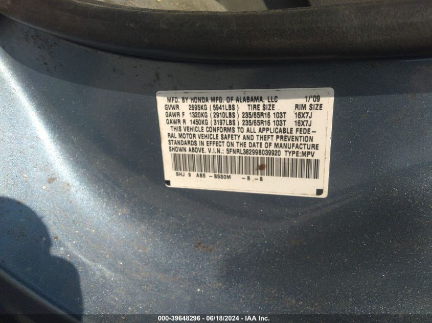 2009 Honda Odyssey Lx VIN: 5FNRL38299B039920 Lot: 39648296