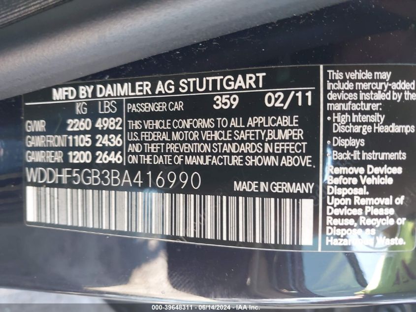 2011 Mercedes-Benz E 350 VIN: WDDHF5GB3BA416990 Lot: 39648311