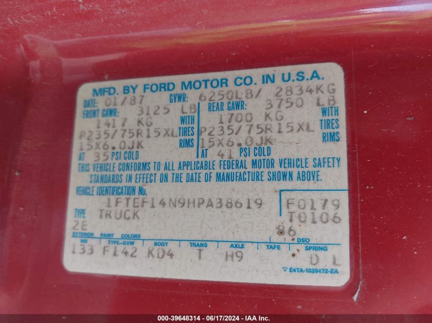 1987 Ford F150 VIN: 1FTEF14N9HPA38619 Lot: 39648314