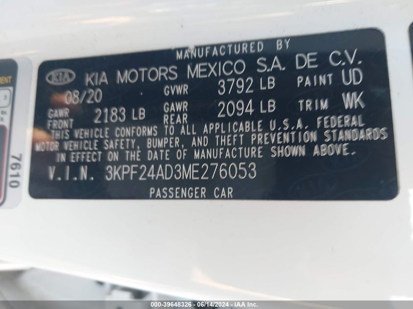 2021 Kia Forte Lxs VIN: 3KPF24AD3ME276053 Lot: 39648326