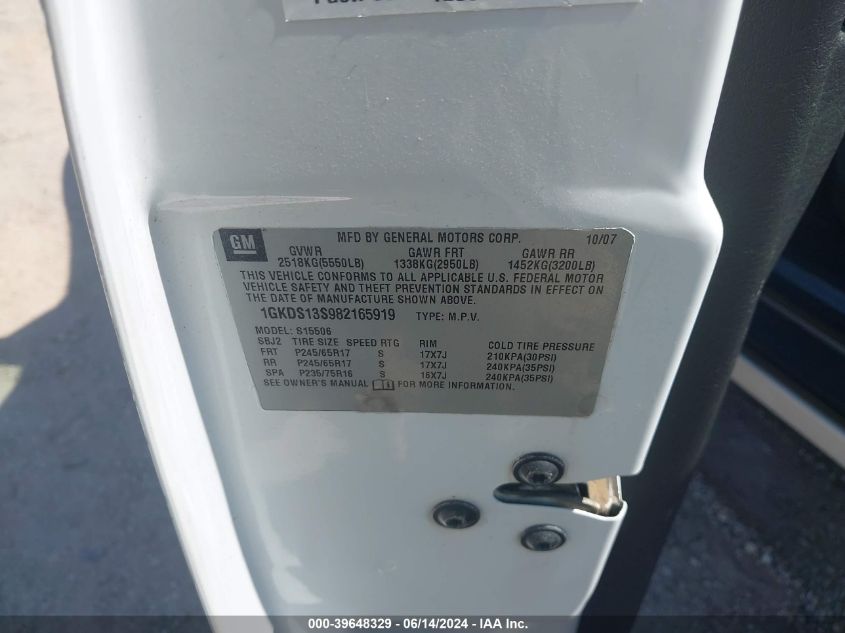 2008 GMC Envoy Sle VIN: 1GKDS13S982165919 Lot: 39648329