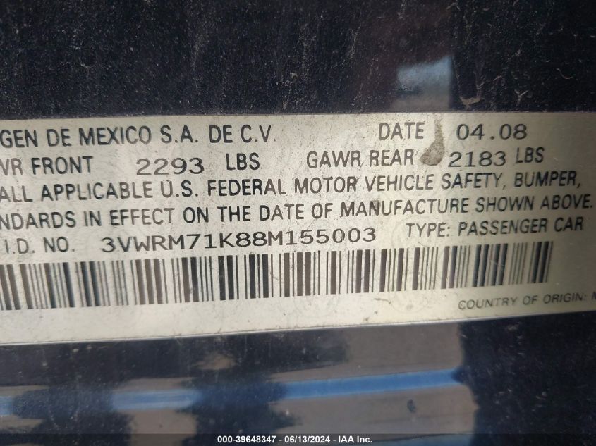 2008 Volkswagen Jetta Se/Sel VIN: 3VWRM71K88M155003 Lot: 39648347