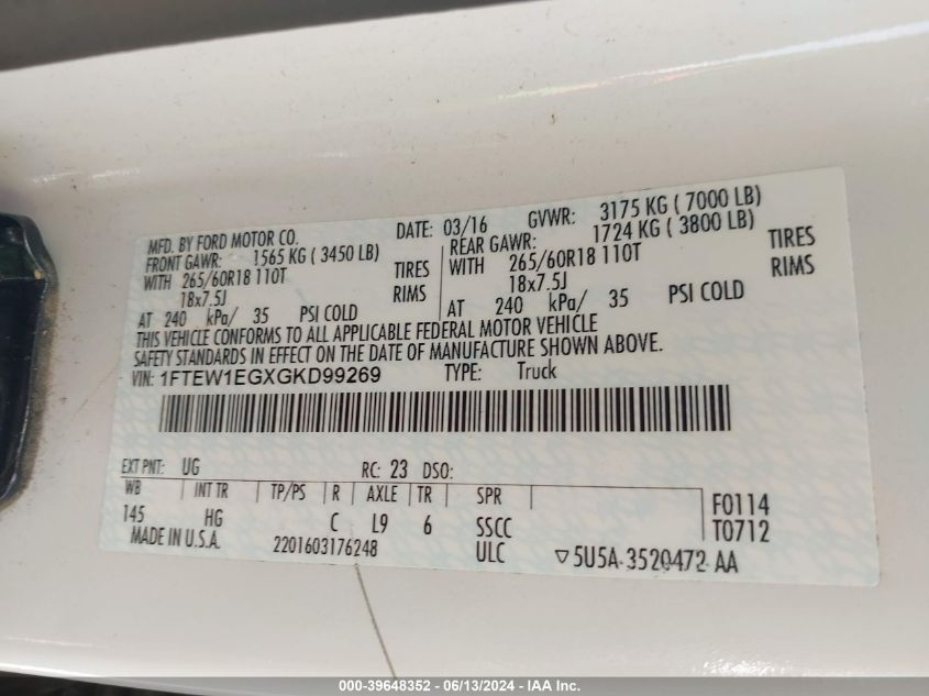 2016 Ford F-150 Lariat VIN: 1FTEW1EGXGKD99269 Lot: 39648352