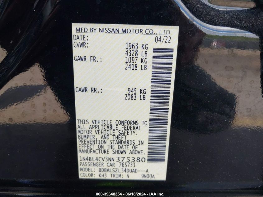 2022 Nissan Altima Sr Fwd VIN: 1N4BL4CV3NN375380 Lot: 39648354