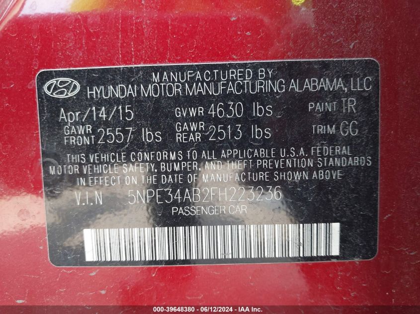 2015 Hyundai Sonata Limited 2.0T VIN: 5NPE34AB2FH223236 Lot: 39648380