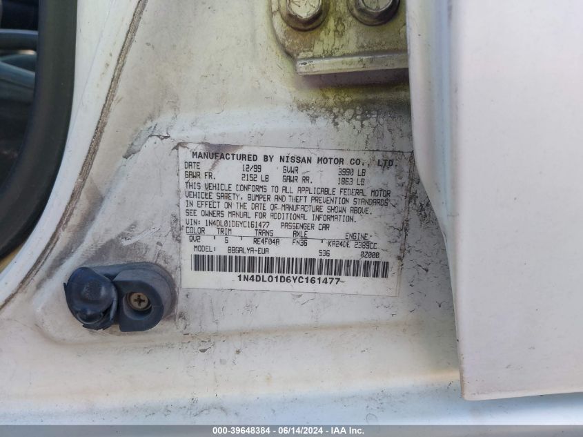 2000 Nissan Altima Gle/Gxe/Se/Xe VIN: 1N4DL01D6YC161477 Lot: 39648384