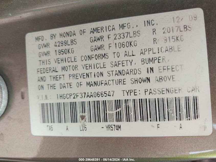 2010 Honda Accord 2.4 Lx VIN: 1HGCP2F37AA066547 Lot: 39648391