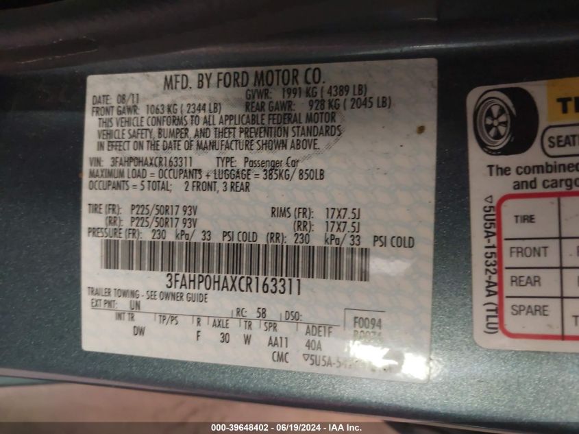 2012 Ford Fusion Se VIN: 3FAHP0HAXCR163311 Lot: 39648402