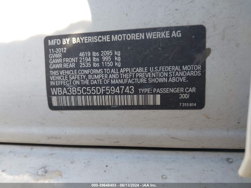 2013 BMW 328I xDrive VIN: WBA3B5C55DF594743 Lot: 39648403