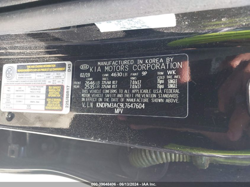 2020 Kia Sportage Lx VIN: KNDPM3AC9L7647604 Lot: 39648406