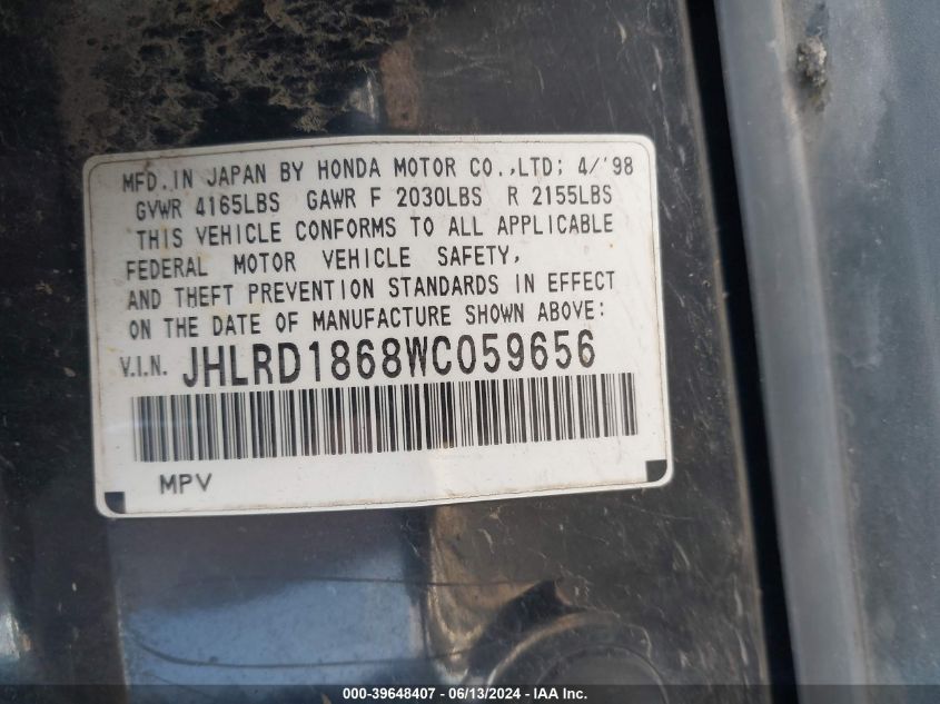 1998 Honda Cr-V Ex VIN: JHLRD1868WC059656 Lot: 39648407