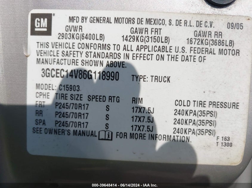 2006 Chevrolet Silverado 1500 Work Truck VIN: 3GCEC14V86G118990 Lot: 39648414