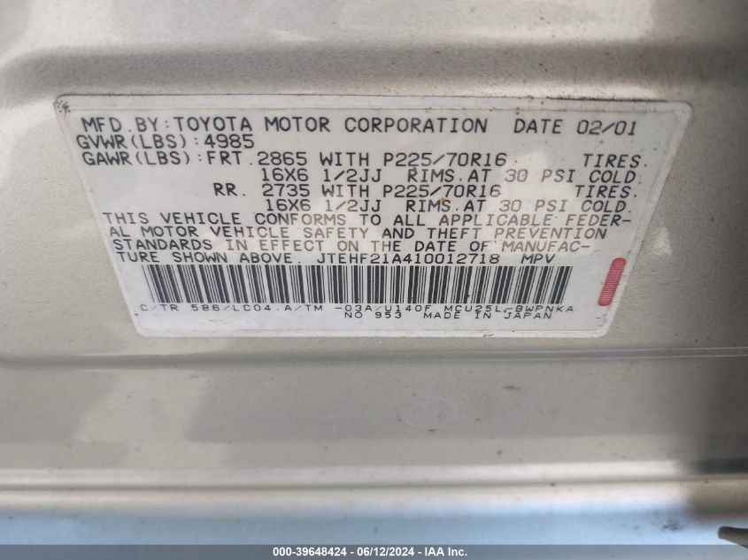 2001 Toyota Highlander V6 VIN: JTEHF21A410012718 Lot: 39648424
