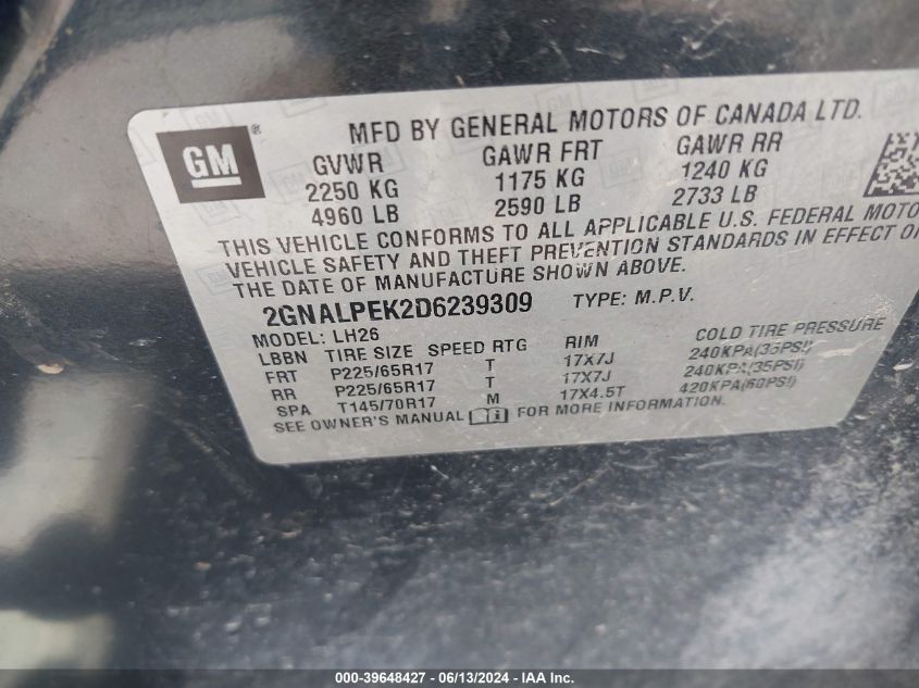 2013 Chevrolet Equinox Lt VIN: 2GNALPEK2D6239309 Lot: 39648427