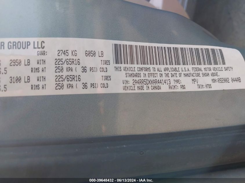 2010 Chrysler Town & Country Touring VIN: 2A4RR5DXXAR441413 Lot: 39648432