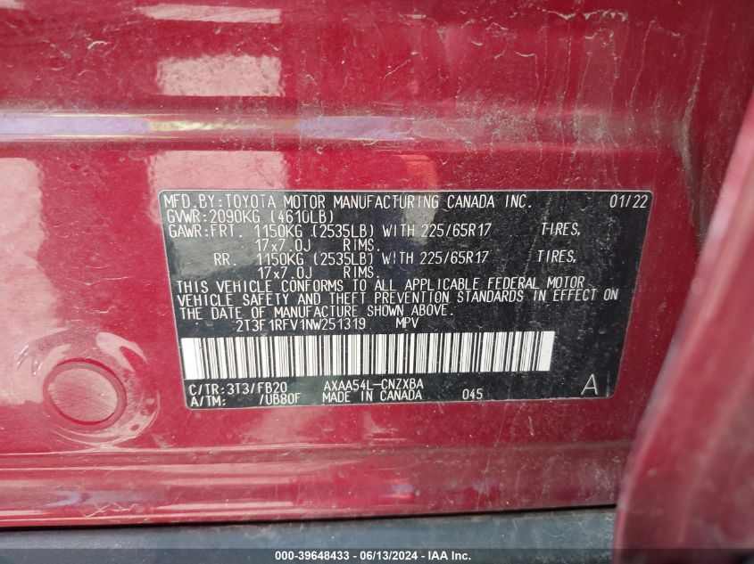 2022 Toyota Rav4 Le VIN: 2T3F1RFV1NW251319 Lot: 39648433