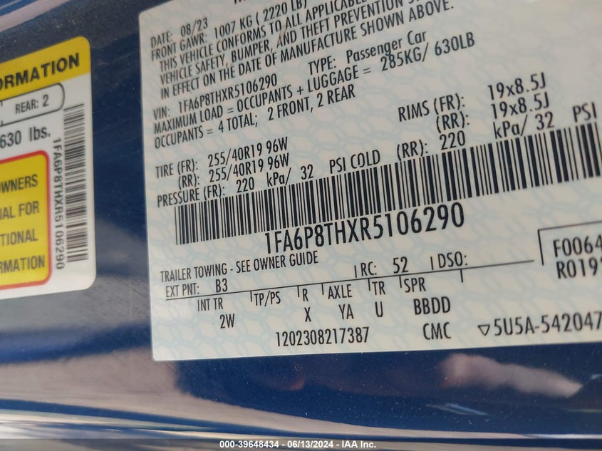 2024 Ford Mustang Ecoboost Fastback VIN: 1FA6P8THXR5106290 Lot: 39648434