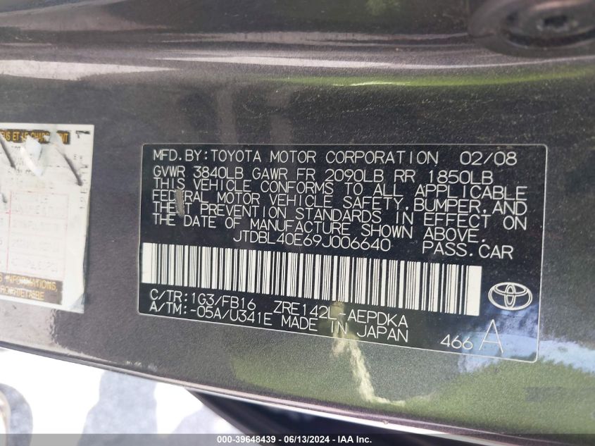 2009 Toyota Corolla Le VIN: JTDBL40E69J006640 Lot: 39648439