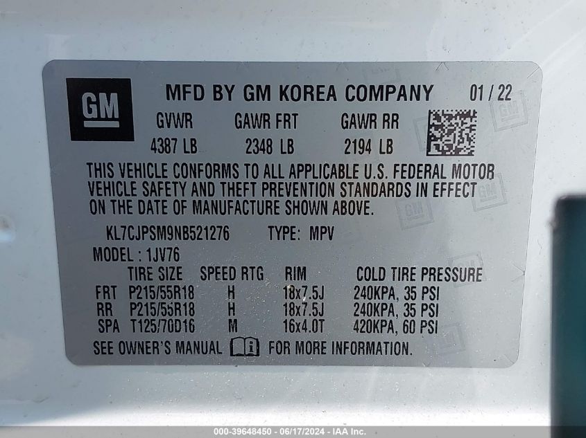 2022 Chevrolet Trax Awd Lt VIN: KL7CJPSM9NB521276 Lot: 39648450