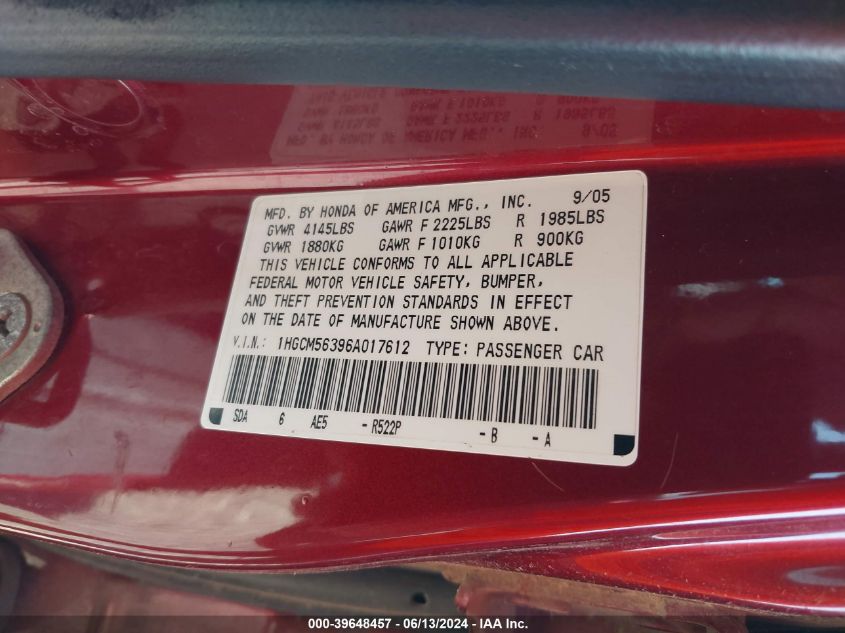 2006 Honda Accord 2.4 Se VIN: 1HGCM56396A017612 Lot: 39648457