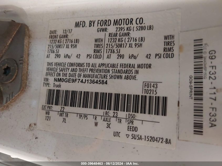 2018 Ford Transit Connect Xlt VIN: NM0GE9F74J1364584 Lot: 39648463